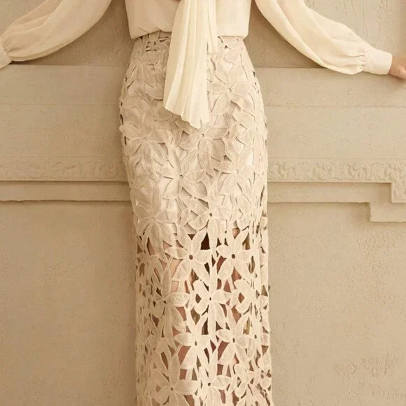 Khaki Casual Women's Floral Lace Cutout A-Line Skirt - Picture 6 of 9